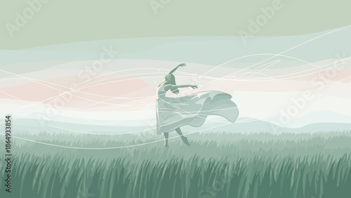 Woman Dancing Gracefully In Meadow In Flowing Dress Under Abstract Pastel Sky