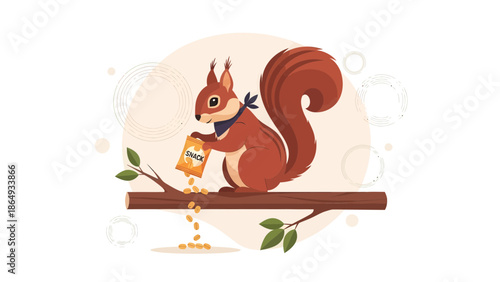 Adorable Squirrel Enjoying a Snack on a Tree Branch Illustration