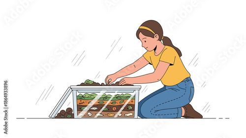 Woman Doing Home Vermicomposting Project For Soil Health and Food Waste Recycling