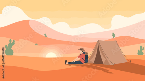 Adventure Awaits Desert Landscape Tranquil Camping Scene During Golden Sunset