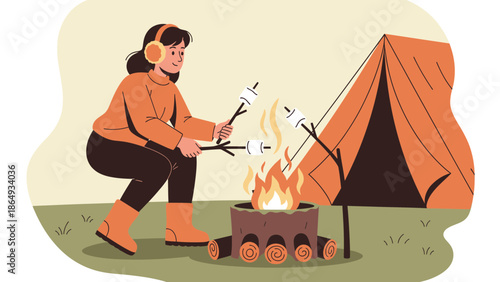 Woman Enjoying Camping Roasting Marshmallows By Campfire Adventure In Nature