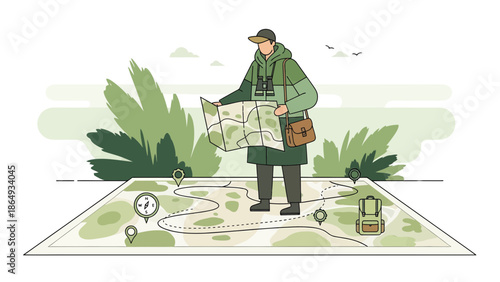 Adventure Awaits Explorer Navigating Wilderness With Detailed Topographic Map