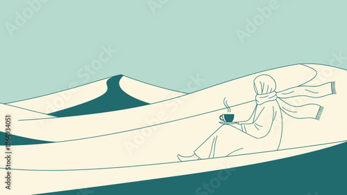 Woman Enjoying Coffee On Serene Desert Dunes Minimalist Style Illustration