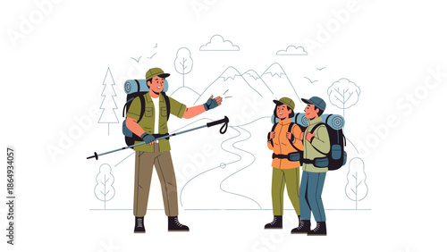 Adventure Awaits Exploring Nature With Tour Guide And Fellow Trekkers Group Vector
