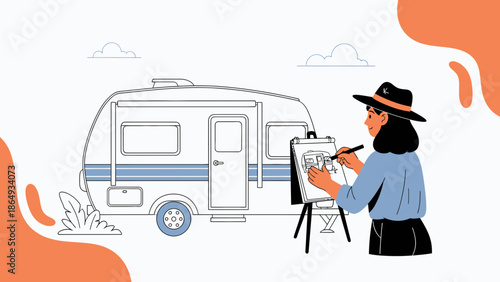 Woman Enjoying Creative Hobby Drawing Camper On The Roadside Illustration