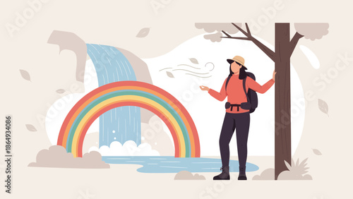 Adventure Awaits Female Hiker Exploring Nature Near Waterfall and Rainbow Landscape