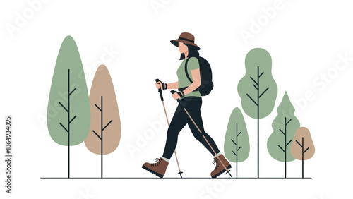 Woman Enjoying Hiking Adventure Amidst Nature In Minimalist Flat Vector Illustration