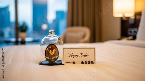 Easter Egg Elegance: An Easter egg rests under a glass dome next to a greeting card that writes Happy Easter on a luxury hotel bed with the urban cityscape background.