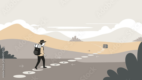 Adventure Awaits: Man on a Quest Following Stepping Stones To Discovering Treasure