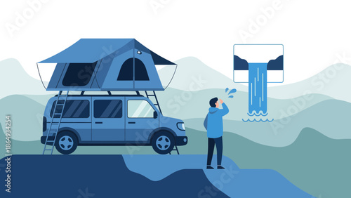 Adventure Awaits Minimalist Illustration Of Overland Camping Near Refreshing Waterfall