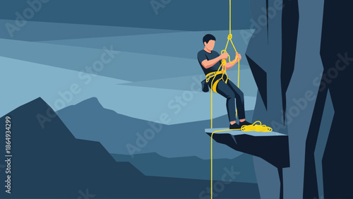 Adventure Awaits Mountaineer Rappelling Down Cliff Face With Mountain Backdrop