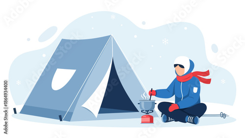 Woman Enjoying Winter Camping Trip With Tent And Outdoor Cooking Scene