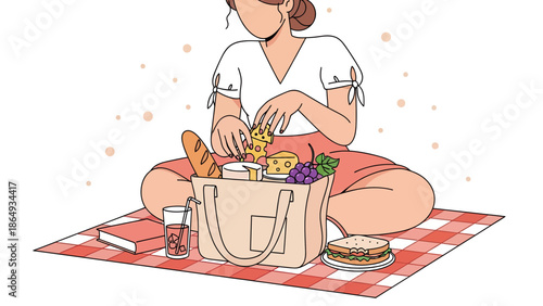 Woman Enjoys Relaxing Picnic With Food And Drinks On A Red Checkered Blanket