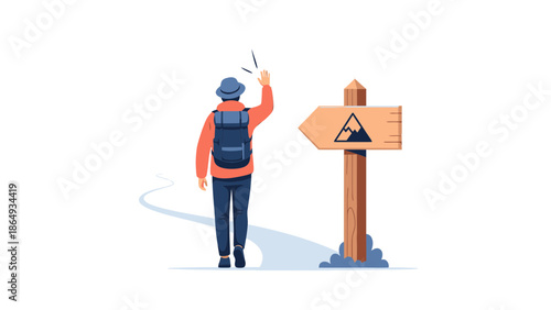 Adventure Awaits Young Hiker Approaching Mountain Destination Signpost on White Background