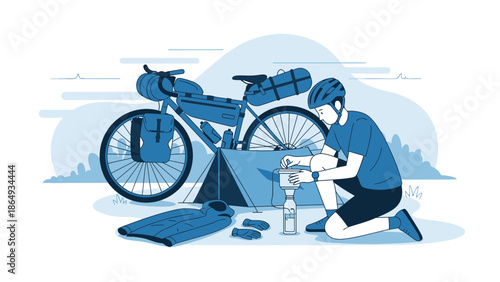 Adventure Biking Through Nature Illustration With Camping And Gear In Simple Style