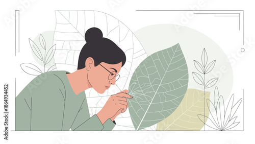 Woman Examining Leaf Veins With Magnifying Glass In Botanical Study Illustration