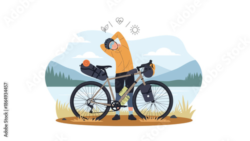 Adventure Biker Stretches Before Starting His Journey On A Touring Bicycle