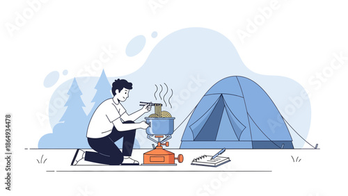 Adventure Camping Meal: A Young Man Cooking Noodles Outdoors Near His Tent