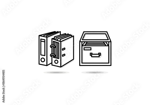 Vector Minimalist black outline office binders and file box icon for document storage.