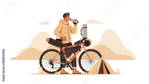 Adventure Cyclist Resting with Bicycle and Gear in a Serene Natural Setting