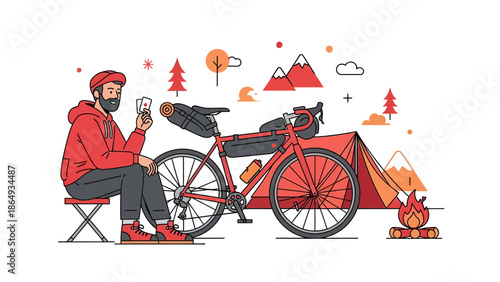 Adventure Cyclist Resting At Campsite After A Long Day On Two Wheels