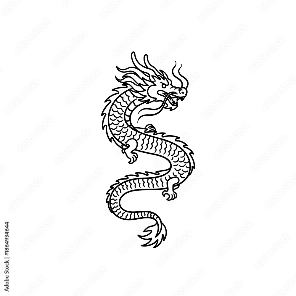 Fototapeta premium A black and white illustration of a dragon curled up on a white background viewed from the side