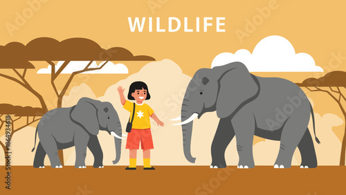 Adventure In The African Savannah With Elephants And Young Explorer Cartoon
