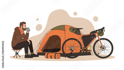 Adventure Lifestyle: Man Enjoying Coffee Beside Tent And Tour Bicycle