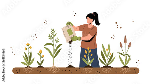 Woman Fertilizing Different Plants In A Garden For Enhanced Growth And Development