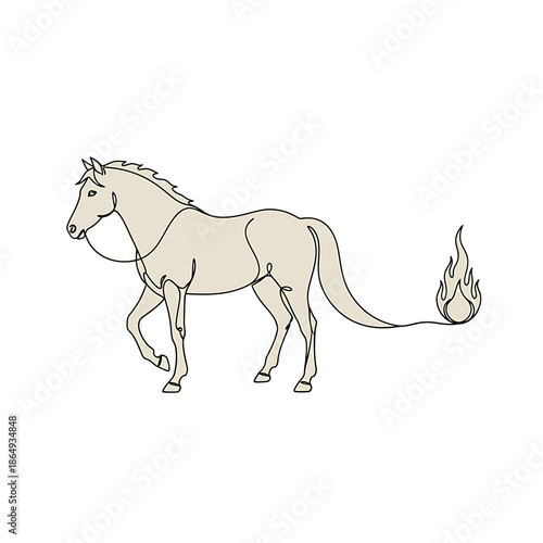 A horse with a flaming tail running in a serene landscape viewed Page from the side