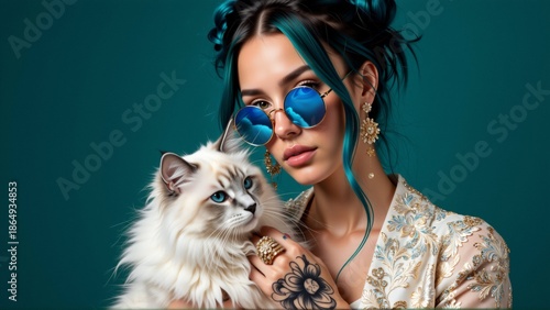 portrait young woman blue hair sunglasses she wearing white blouse gold embroidery has tattoo her arm woman holding white cat blue eyes her arms background solid turquoise color overall mood playful