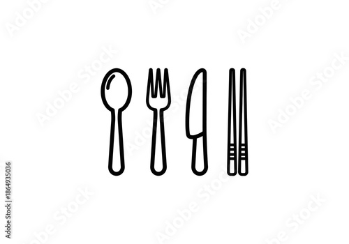Vector fork and knife Minimalist Black Outline of Spoon, Fork, Knife, and Chopsticks on White Background.