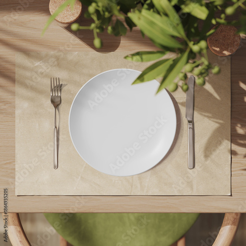 Kraft paper placemat with cutlery mockup. 3D rendering