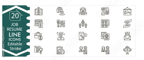 Job resume icons set, cv, curriculum vitae, recruitment, hiring, career,application, interview, profile, portfolio, human resources, employment, professional design editable stroke vector Illustration