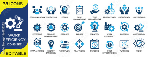 Work efficiency icon set featuring productivity, time management, task management, automation, workflow, teamwork, planning and performance concepts. Clean flat vector icons with editable stroke, perf
