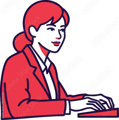 Woman in red blazer working on laptop.