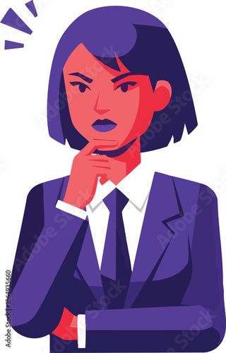 Woman in Suit Contemplating with Hand on Chin.