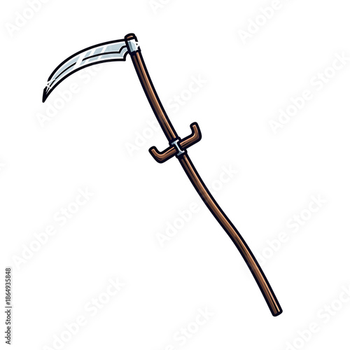 An illustration of a scythe with a wooden handle and metal blade on a white background