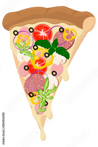 A single slice of delicious pizza with assorted toppings including salami, tomatoes, olives, and fresh basil. Isolated vector illustration for food design and menus.