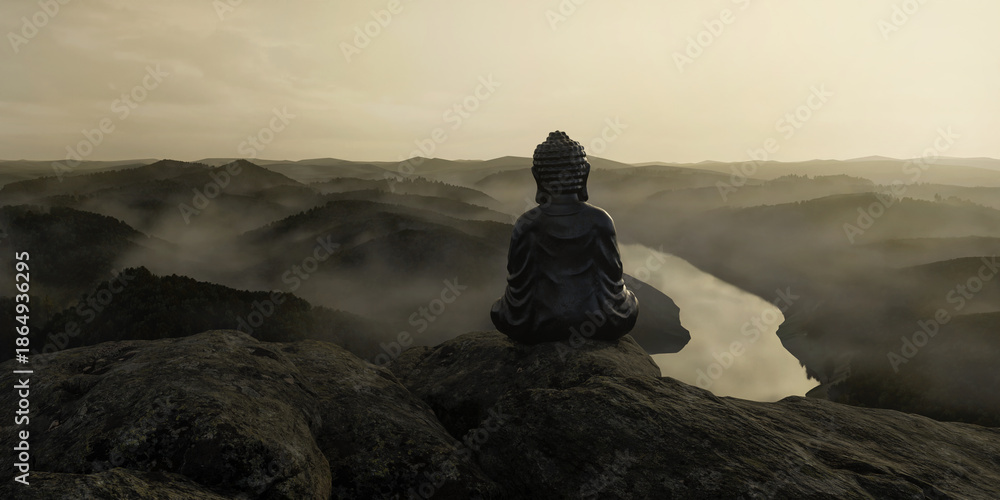 Obraz premium 3D Rendering of back of buddha statue in front of foggy mountain landscape