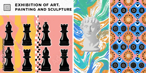 An exhibition poster showcasing art chess pieces and a sculpted face