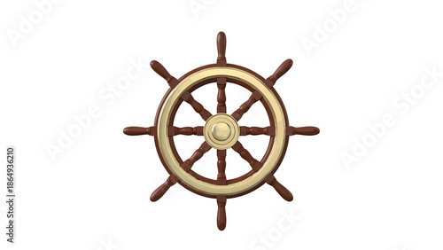 A classic wooden ship's wheel, a symbol of navigation and maritime adventure, rendered in 3D
