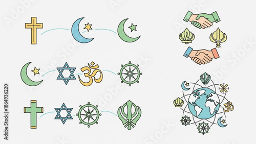 Religious Symbols Representing Christianity, Islam, Judaism and and Hinduism with Interfaith Hands and Global Unity