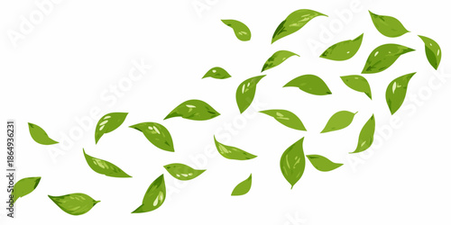 A scattering of vibrant green leaves drifting on a white background