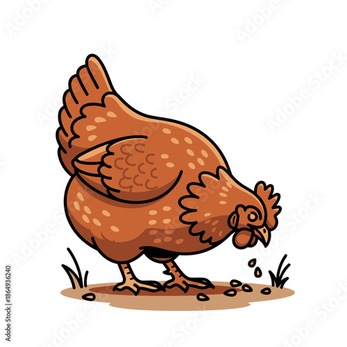 A chicken pecking at the ground in a farm yard illustration
