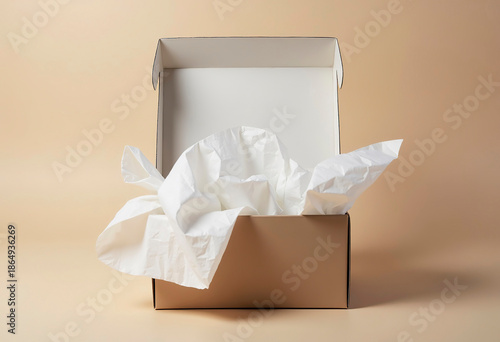 A gift box with the lid slightly open, revealing soft tissue paper inside. 