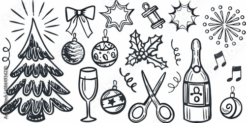 Sketchy christmas decorations including trees ornaments champagne and festive musical notes