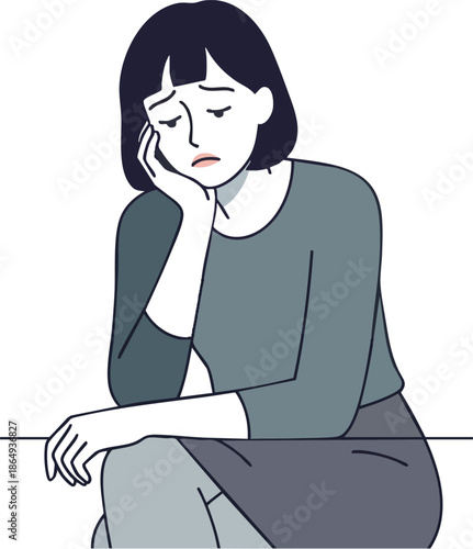 Woman Sitting Down with Hand on Face.