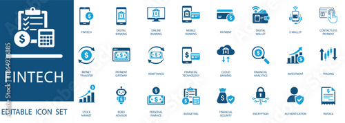 Fintech icon set .featuring digital banking, mobile payment, e-wallet, investment, trading, and financial security symbols. Clean editable vector illustrations.