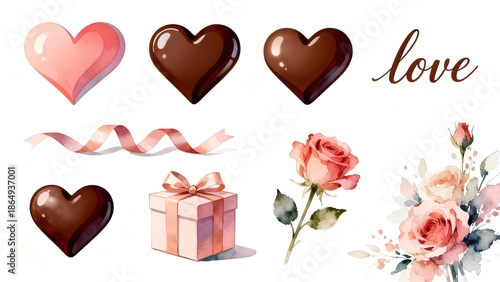 A beautiful collection of romantic elements featuring hearts, roses, and a gift box for love celebrations.